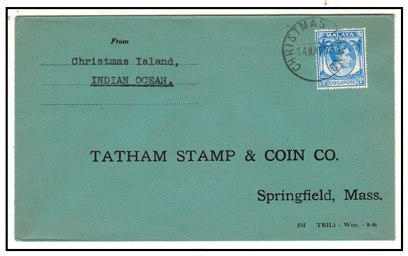 CHRISTMAS ISLAND - 1953 20c adhesive of Singapore used on cover to USA at CHRISTMAS ISLAND.