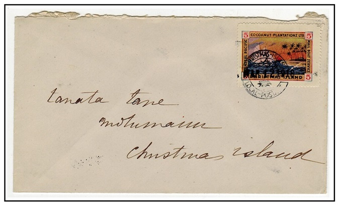 CHRISTMAS ISLAND - 1918 5c local plantation adhesive used on local cover.