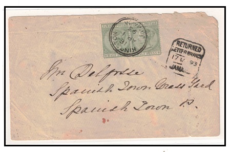 JAMAICA - 1893 1d rate internal cover struck RETURNED LETTER BOX.