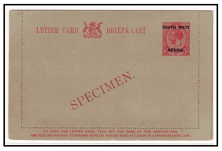 SOUTH WEST AFRICA - 1923 1d red stationery letter card unused struck SPECIMEN in red.  H&G 1.