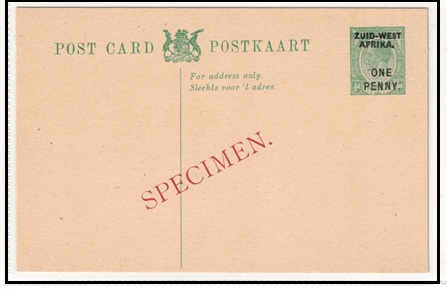 SOUTH WEST AFRICA - 1923 1d on 1/2d green PSC unused struck SPECIMEN in red.  H&G 2a.