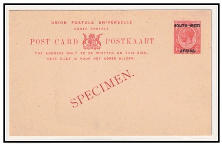 SOUTH WEST AFRICA - 1923 1d red PSC unused struck SPECIMEN diagonally in red.  H&G 1.