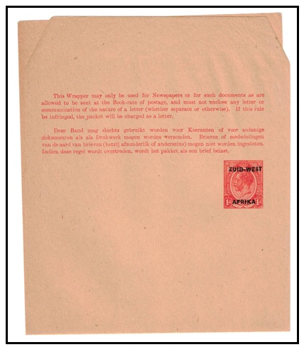 SOUTH WEST AFRICA - 1923 1d red postal stationery wrapper unused.  H&G 4.