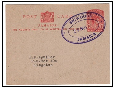 JAMAICA - 1937 1d red PSC used at BIGWOODS.  H&G 30.