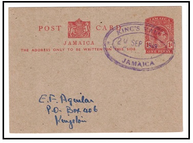 JAMAICA - 1937 1d red PSC used at KINGS VALE.  H&G 30.