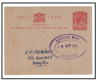 JAMAICA - 1937 1d red PSC used at LANCES BAY.  H&G 30.