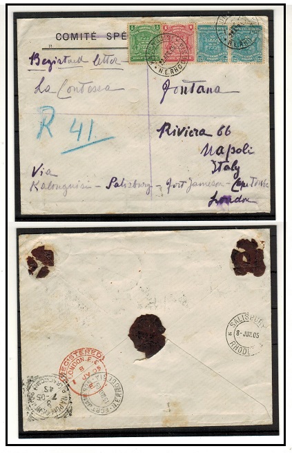 RHODESIA - 1905 registered cover to Italy used at KALUNGUISI/N.E.RHODESIA.