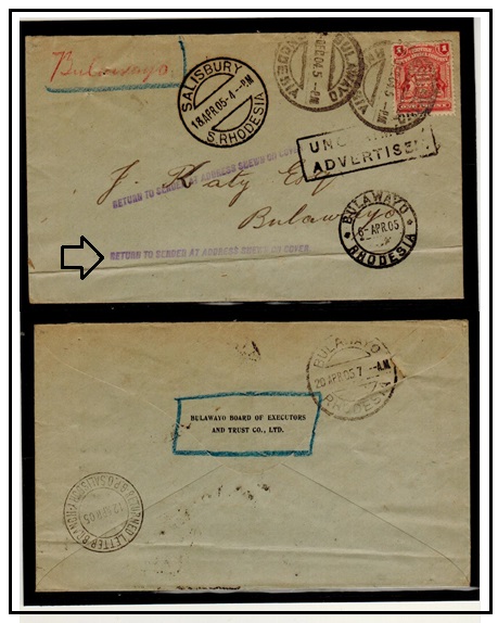 RHODESIA - 1905 1d rate local UNCLAIMED/ADVERTISED and RETURN TO SENDER cover to Bulawayo.