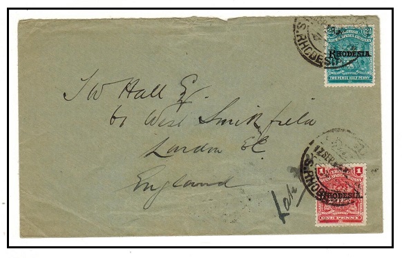 RHODESIA - 1910 2 1/2d rate cover to UK with 1d added as LATE FEE.