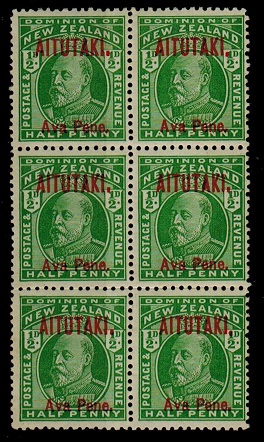 AITUTAKI - 1911 1/2d mint block of six with varieties.  SG 9.