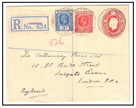 CAMEROONS - 1934 use of 1d Nigerian PSE registered to UK and uprated at VICTORIA.