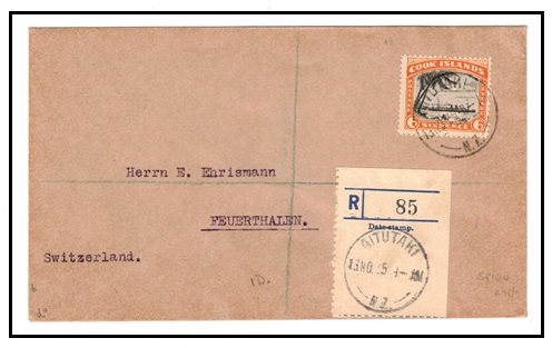 AITUTAKI - 1945 6d rate registered cover to Switzerland.