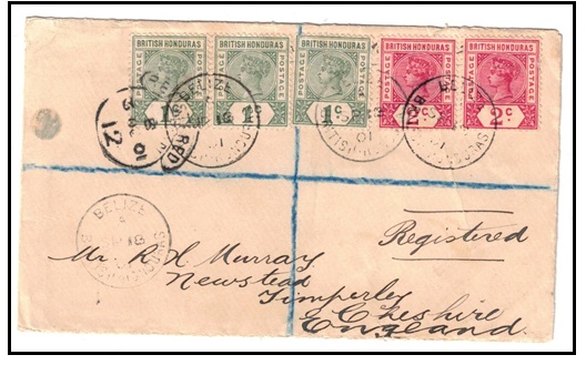 BRITISH HONDURAS - 1901 7c rate registered cover to UK used at BELIZE.