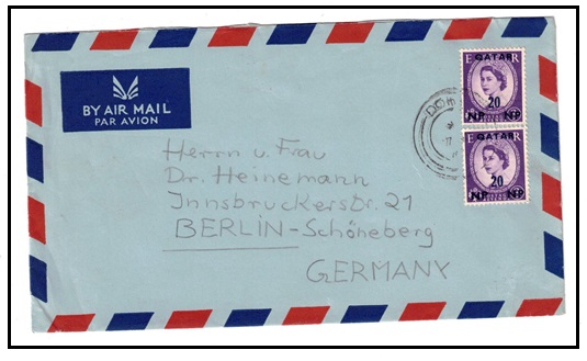 BR.P.O.IN E.A. (Qatar) - 1960 (circa) 20np on 3d (x2) airmail cover to Germany used at DOHA.