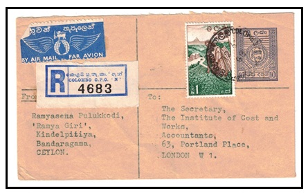 CEYLON - 1965 (circa) 10c deep blue PSE registered to UK and uprated at COLUMBO.