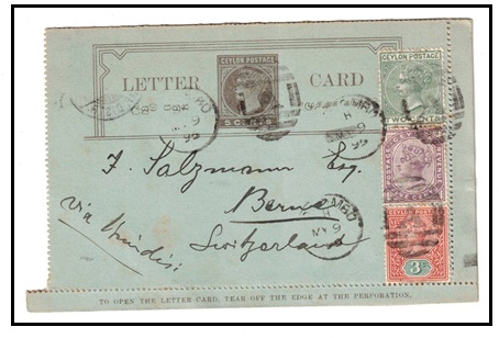 CEYLON - 1894 5c brownish black on blue letter card uprated to Switzerland at COLUMBO.  H&G 2.