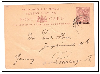 CEYLON - 1885 10c on 8c red-brown PSC to Germany used at COLUMBO.  H&G 13.