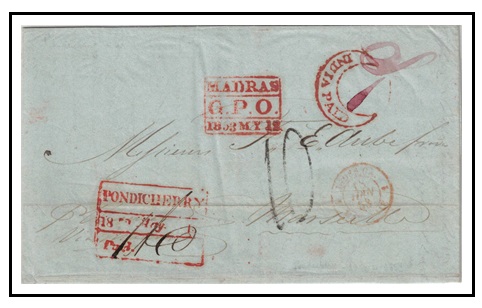 INDIA - 1853 stampless enire to France struck PONDICHERRY/PAID h/s in red.