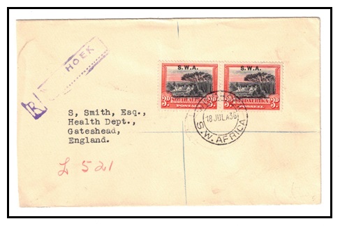 SOUTH WEST AFRICA - 1936 3d pair (SG 61b)  registered cover to UK used at WINDHOEK.