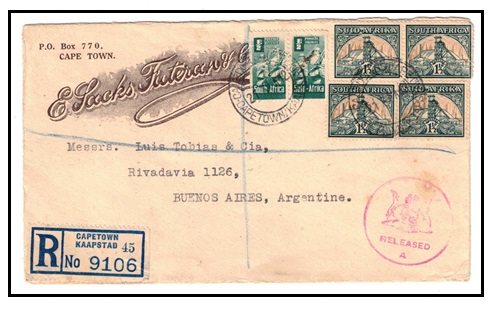 SOUTH AFRICA - 1942 7d rate registered illustrated cover with RELEASED/A h/s. applied.