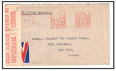 SOUTH AFRICA - 1941 1 1/2d (x2) meter mark censored cover to USA with patriotic flag label.