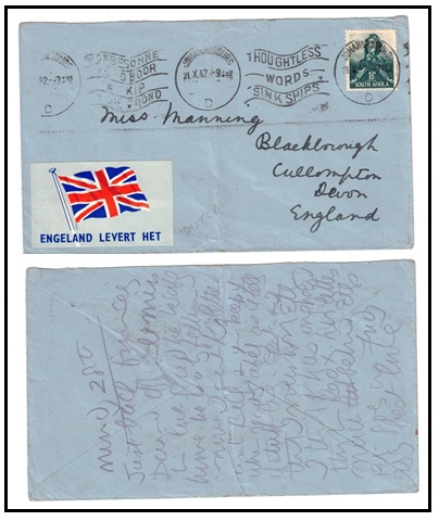 SOUTH AFRICA - 1942 1 1/2d rate cover to UK with rare ENGELAND LEVERT HET patriotic label applied.