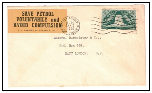 SOUTH AFRICA - 1950 1 1/2d local cover with rare SAVE PETROL/VOLUNTARILY AND/AVOID COMPULSION label.