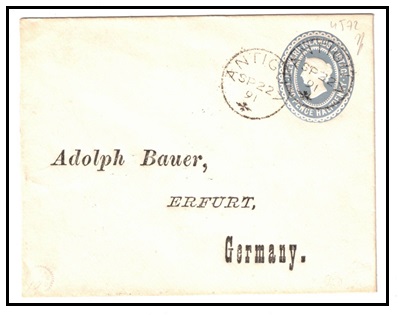 ANTIGUA - 1891 2 1/2d light blue PSE of Leeward Islands to Germany used at ANTIGUA.  H&G 2.