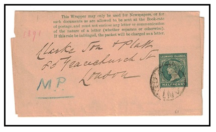 ANTIGUA - 1891 1/2d green postal stationery wrapper of Leeward Islands to UK used in ANTIGUA. H&G 1.