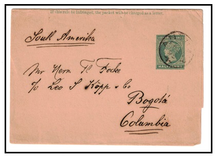 ANTIGUA - 1891 1/2d green postal stationery wrapper of Leeward Islands to Columbia used at ANTIGUA.