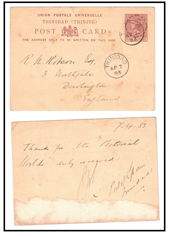 TRINIDAD AND TOBAGO - 1879 1 1/2d reddish brown PSC to UK.  H&G 1.