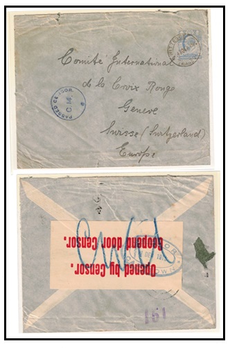 SOUTH AFRICA - 1915 2 1/2d Cape adhesive on censor cover to Switzerland used at WITTENBERG/TRANSVAAL