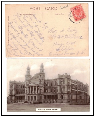 SOUTH AFRICA - 1914 1d rate postcard use to UK cancelled by rare GERMISTON STATION relief cds.