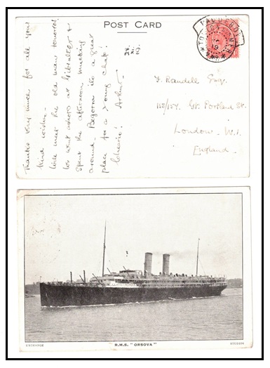 SOUTH AFRICA - 1919 1d rate postcard use to UK struck PAQUEBOT/TOULON SUR MER.