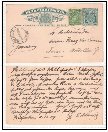 RHODESIA - 1903 1/2d blue green PSC uprated to Germany used at UMVUMA.  H&G 13.