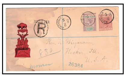 ANTIGUA - 1902 4d chestnut tied with Leeward Island 1/2d on registered cover to USA.