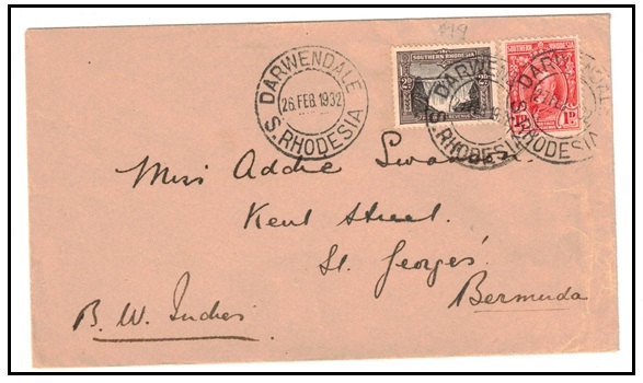 SOUTHERN RHODESIA - 1932 3 1/2d rate cover to Bermuda used at DARWENDALE. 