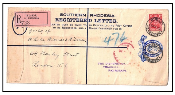 SOUTHERN RHODESIA - 1924 4d ultramarine RPSE (size H2) to UK uprated at RUSAPE. H&G 1a. 