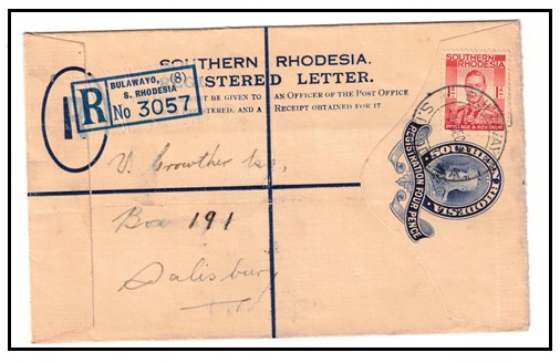 SOUTHERN RHODESIA - 1931 4d dark blue RPSE (Size G) uprated locally at BULAWAYO.  H&G 2.