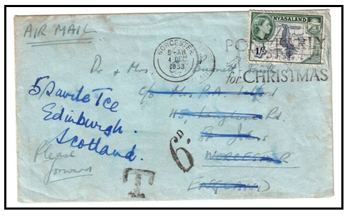 NYASALAND - 1953 1/- rate re-directed cover to UK struck 