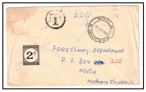 NORTHERN RHODESIA - 1960 unpaid taxed local cover from NDOLA with 2d 