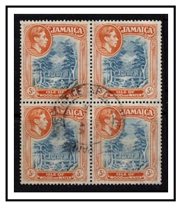 JAMAICA - 1949 5/- slate blue and yellow orange (perf 13) used block of four.  SG 132.