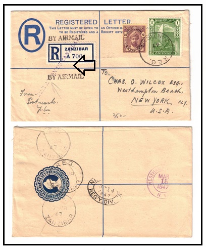 ZANZIBAR - 1936 30c dark blue RPSE to USA struck PAR AVION DE ZANZIBAR A LONDON.  