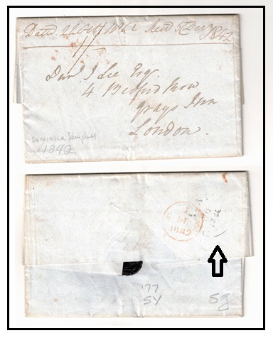 DOMINICA - 1842 stampless entire to UK rated 1/- struck DOMINICA on reverse.