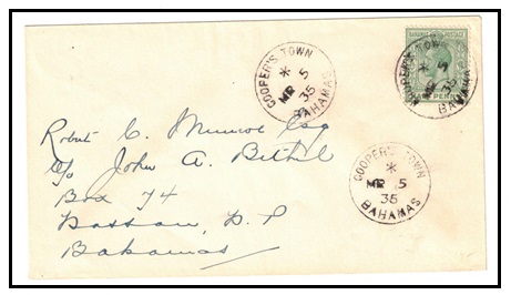 BAHAMAS - 1935 1/2d rate local cover used at COOPERS TOWN.