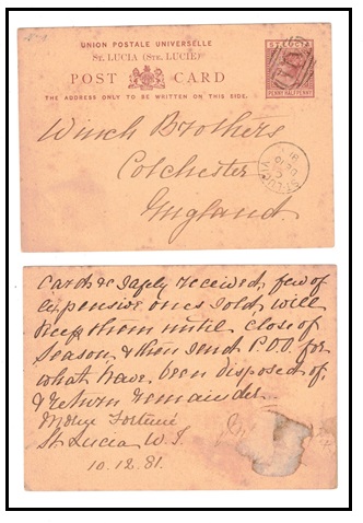 ST.LUCIA - 1881 1 1/2d brown PSC to UK cancelled 