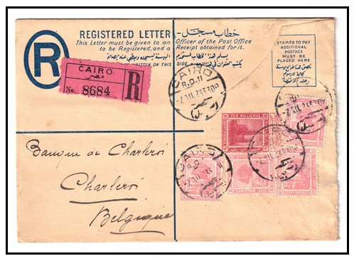 EGYPT - 1922 10m pink RPSE uprated to Belgium used at CAIRO.  H&G 3.