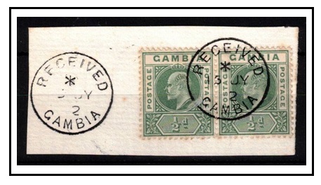 GAMBIA - 1902 1/2d green pair on piece tied RECEIVED/GAMBIA.  SG 45.