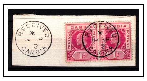 GAMBIA - 1902 1d carmine pair tied to piece by RECEIVED/GAMBIA cds.  SG 46.