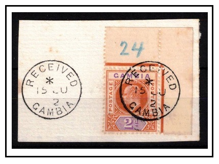 GAMBIA - 1902 2d orange and mauve corner example tied to piece by RECEIVED/GAMBIA cds.  SG 47.